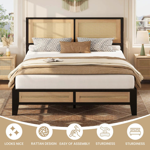 Sturdy Full Size Rattan Bed Frame Featuring Boho Woven Metal Headboard And Heavy Duty Slatted Platform Base For Memory Foam Mattresses Putting It Together Is A Total Breeze in cozy bedroom setting.