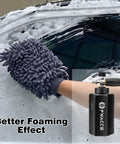 Foam Cannon For Car Wash Kit With One Quarter Inch Quick Connector And M22 Inlet 4000 PSI Short Pressure Washer Foam Gun One Point Five Liter Dense Thick Foam shown with microfiber mitt cleaning car windshield.