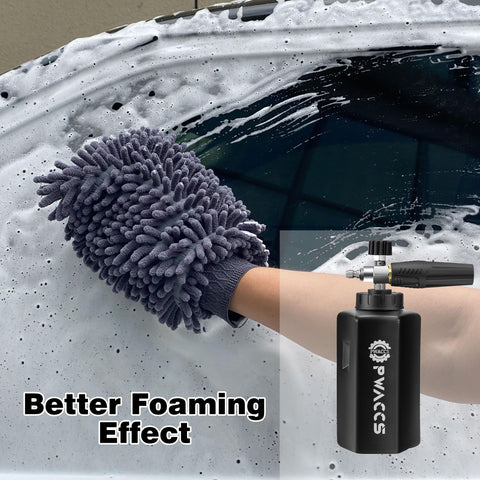 Foam Cannon For Car Wash Kit With One Quarter Inch Quick Connector And M22 Inlet 4000 PSI Short Pressure Washer Foam Gun One Point Five Liter Dense Thick Foam shown with microfiber mitt cleaning car windshield.