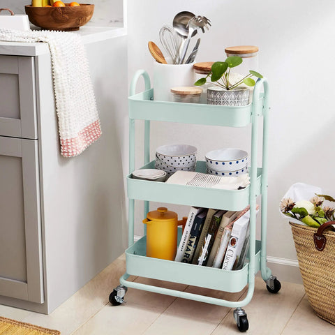 3 Tier Metal Rolling Utility Cart With Deep Mesh Trays And Pivoting Casters, Smooth Operator Kitchen Island Storage Organizer That Slays For Tools, Groceries, And Daily Grind Setup In Mint Green