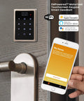 Motorized Touchscreen Smart Deadbolt With Included WiFi Bridge For Seamless Remote Access And Voice Commands Compatible With Alexa And Google Assistant Featuring Hella Tight Auto Unlock Keyless Entry Lock System on wooden door with smartphone access