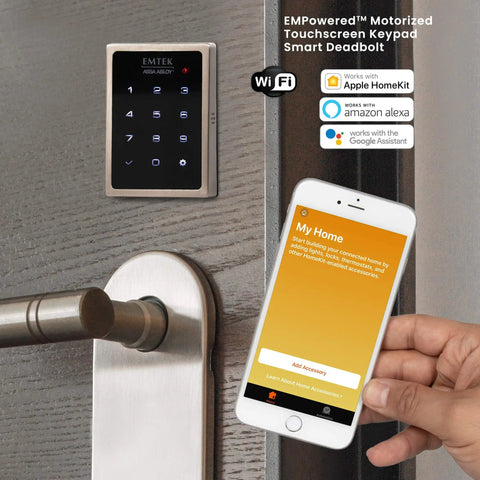 Motorized Touchscreen Smart Deadbolt With Included WiFi Bridge For Seamless Remote Access And Voice Commands Compatible With Alexa And Google Assistant Featuring Hella Tight Auto Unlock Keyless Entry Lock System on wooden door with smartphone access