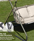 Close-up of Two-Seat Outdoor Porch Swing with Canopy showcasing rustproof metal frame and thick cushions on grass.