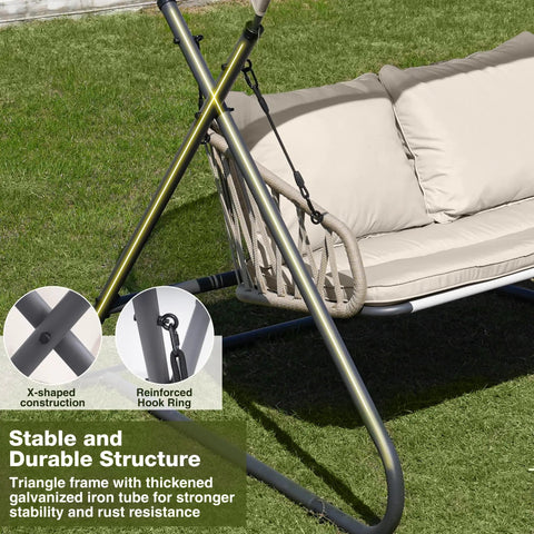 Close-up of Two-Seat Outdoor Porch Swing with Canopy showcasing rustproof metal frame and thick cushions on grass.