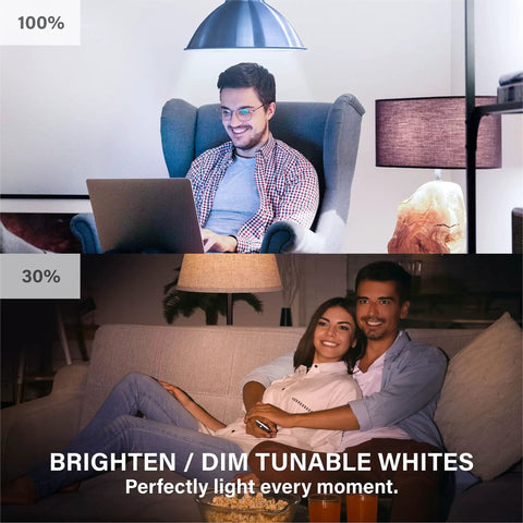 People using Alexa Compatible Color Changing Smart Bulbs showing bright and dim tunable lights in a living room setting.