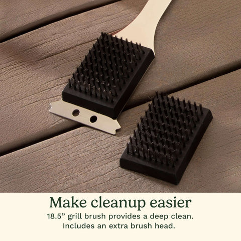 Grill brush heads (2) with beige handles and black bristles on a wooden surface