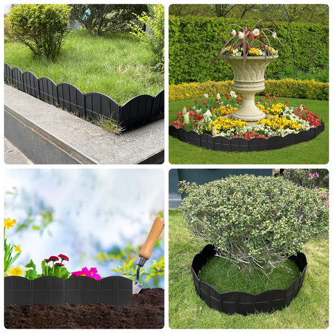 40 Ft No Dig Landscape Edging Kit With 40 Stakes, Flexible Plastic Border shown along walkways and flower beds, easy install, black