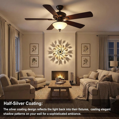 Living room with ceiling fan lighting using Dope Half Chrome Dimmable LED Edison Bulb 6W Equivalent 60W G80 G25 Globe Shape 2700K