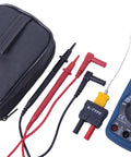 Pro Grade Compact Digital Multimeter With Temperature For Measuring AC And DC Voltage And Current Frequency Resistance Capacitance And Temperature Includes 4000 Count LCD Display Test Leads Thermocouple Wire Temperature Input Adapter Battery And Case shown with accessories.