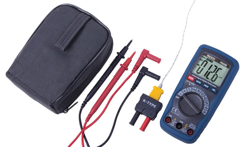 Pro Grade Compact Digital Multimeter With Temperature For Measuring AC And DC Voltage And Current Frequency Resistance Capacitance And Temperature Includes 4000 Count LCD Display Test Leads Thermocouple Wire Temperature Input Adapter Battery And Case shown with accessories.
