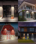 Four images showing Outdoor Gooseneck Barn Light Fixture Satin Black With 17 Inch Shade And 14.5 Inch Extension Arm on various buildings.