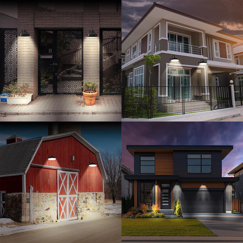 Four images showing Outdoor Gooseneck Barn Light Fixture Satin Black With 17 Inch Shade And 14.5 Inch Extension Arm on various buildings.