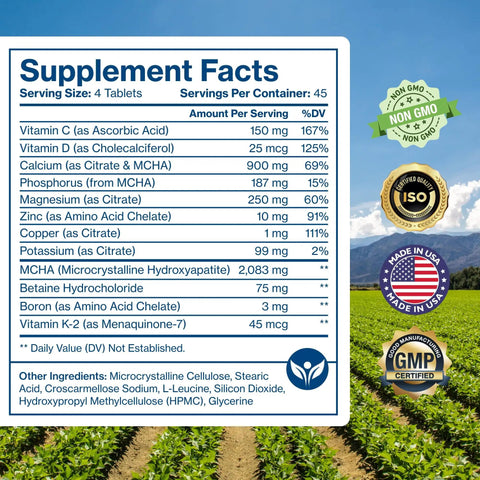 Supplement facts label for Complete Bone Health Calcium Supplement With Calcium Citrate Hydroxyapatite Vitamin D3 K2 Magnesium Zinc Copper Boron Potassium And Vitamin C For Women And Men Supports Strong Bones And Everyday Mobility 180 Tablets, shows details of serving size and ingredients with certifications on a farm background.