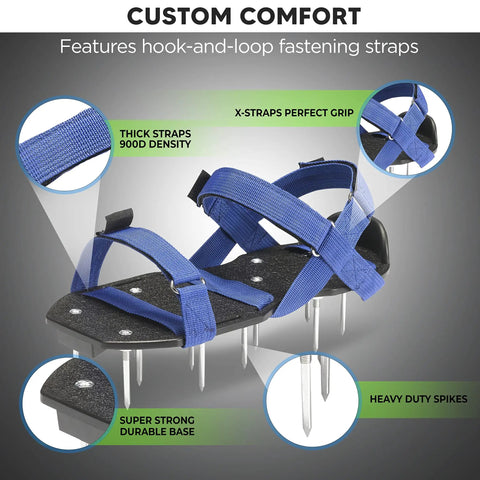 Ready To Use Lawn Aerator Shoes With Adjustable X Straps And Sturdy Spike Platform For Deep Soil Aeration showing X-straps and spikes