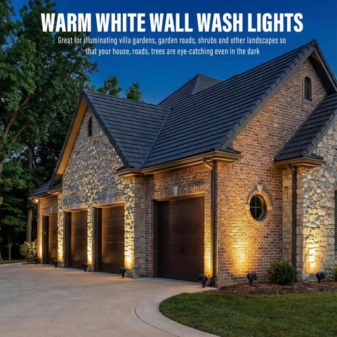 Two Pack Low Voltage Wall Wash Lights 12V LED Landscape Lighting 18W 600 Lumen Warm White 2700K Outdoor Spotlight illuminating house facade