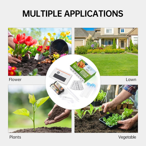 Collage showing 4-In-1 Soil Test Kit For PH, Nitrogen, Phosphorus And Potassium Levels used in gardens and lawns