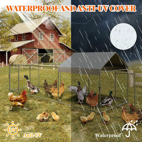 Walk-In Chicken Coop With Run 120x40x40 Inch Outdoor Backyard Poultry Pen with Waterproof and Anti UV Cover in weather conditions.