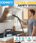 User cleaning a kitchen hood with the Upgraded Handheld Steam Cleaner For Home And Car Detailing At 230 Degrees F With 3.5 Bar High Pressure And 13 Foot Cord For Cleaning Grout And Hard To Reach Spots In Your Vehicle Or House Quick Heat Portable Steamer.