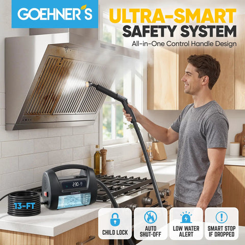 User cleaning a kitchen hood with the Upgraded Handheld Steam Cleaner For Home And Car Detailing At 230 Degrees F With 3.5 Bar High Pressure And 13 Foot Cord For Cleaning Grout And Hard To Reach Spots In Your Vehicle Or House Quick Heat Portable Steamer.