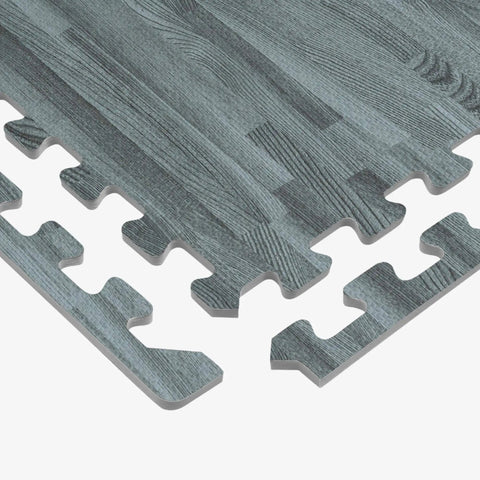 Interlocking Foam Floor Tiles 3/8 Inch Thick With Slick Wood Grain Look Anti Fatigue Mats Slate Color 24x24 Inches 24 Sq Ft Coverage