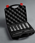 Carbide annular cutter set, 8 pieces with 3/4 in Weldon shanks in a foam-lined case; diameters 1/2–1-1/16 in