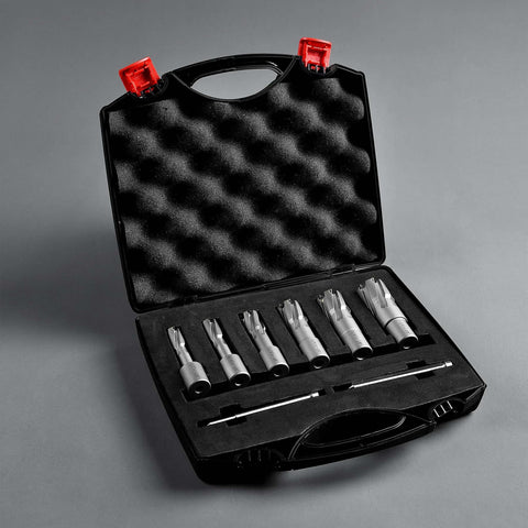 Carbide annular cutter set, 8 pieces with 3/4 in Weldon shanks in a foam-lined case; diameters 1/2–1-1/16 in
