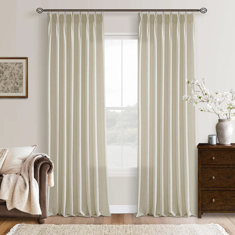 Sand Beige Linen Curtains 102 Inches Long for Living Room Two Panels 50 by 102 Inch Pinch Pleated Drape with Back Tab Hooks Rings for Track System Light Filtering Memory Shape Trained Technology for Bedroom Sliding Patio Door