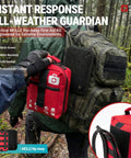 Side view of red MOLLE Rip-Away first aid kit bag attached to a green tactical backpack outdoors