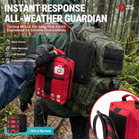 Side view of red MOLLE Rip-Away first aid kit bag attached to a green tactical backpack outdoors
