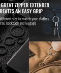 Ultralight Titanium Flat Key Rings Set With Side Pushing Split Rings in use on zippers, showing 33mm, 25mm, and 17.5mm sizes.