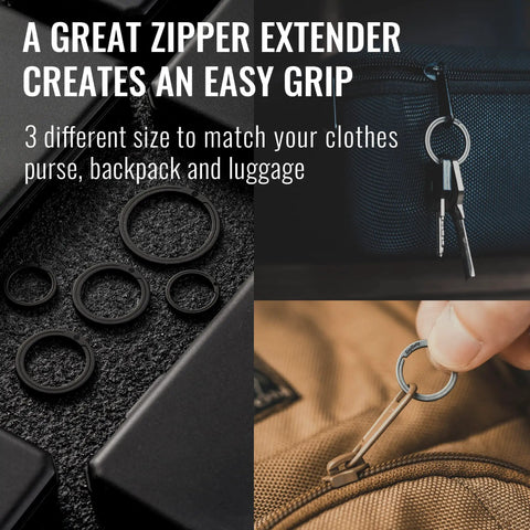 Ultralight Titanium Flat Key Rings Set With Side Pushing Split Rings in use on zippers, showing 33mm, 25mm, and 17.5mm sizes.