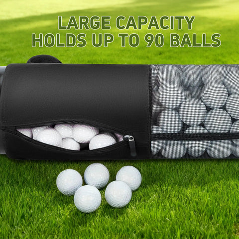 Large Capacity Golf Shag Bag With Detachable Aluminum Tube Ball Retriever Holds Up To 90 Balls on grass, nine balls visible