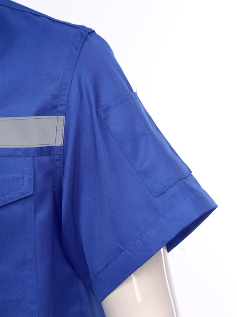 Men's Rugged As Nails Short Sleeve Work Jacket With Reflective Safety Stripes Heavy Duty Industrial Mechanic Uniform Zip Front Turn Down Collar Day Shift Shop Gear Blue 4XL showing blue fabric and shoulder with reflective stripe.