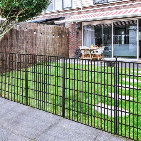No Dig Garden Fence Kit With Gate, 10 Metal Panels, 32 Inch High, 24.2 Feet Long, Rustproof Outdoor Fence for Pets, installed view