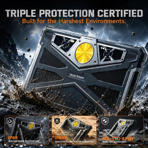 Built Like A Tank 5G Rugged Tablet With Android 16 And Massive 20080Mah Battery Featuring 11 Inch Waterproof Screen with IP68 rating.