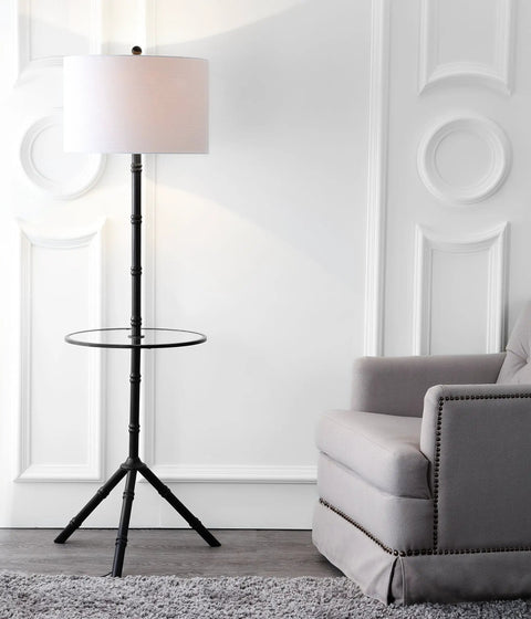 Oil Rubbed Bronze LED Floor Lamp With Built-In End Table, 62-Inch Tripod-Style Standing Light in living room next to gray chair