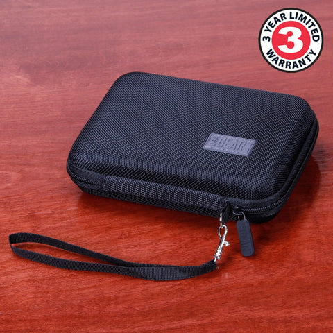 USA Gear Laser Measurement Tool Hard Case - Laser Tape Measure Case with Water Resistant Exterior & Wrist Strap - Compatible with Bosch GLM20 Blaze, DTAPE DT50, Leica DISTO D2, and more (Black) on a wooden surface.