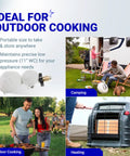 Outdoor activities using two stage propane regulator for RVs, ideal for cooking, camping, and heating with steady pressure and high flow.