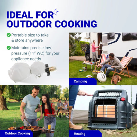Outdoor activities using two stage propane regulator for RVs, ideal for cooking, camping, and heating with steady pressure and high flow.
