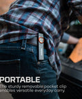 Slim Mini Rechargeable Pocket Light for EDC and Emergencies clipped to jeans showing portable use.