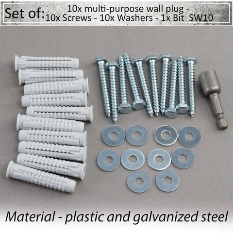 Pro Grade Dowels and Fasteners Kit showing nylon collar dowels, screws, washers, and a hex socket for masonry projects