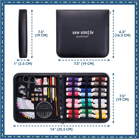 All In One Sewing Kit For Adults And Kids 94 Piece Starter Set With Colorful Thread Needles Scissors Thimble And Clips Travel Ready Emergency Repair Supplies shown with case dimensions and open view of contents.