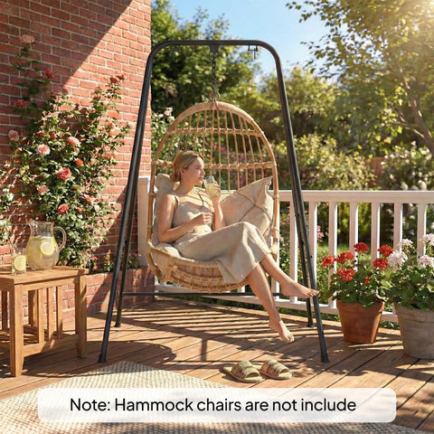 Woman relaxing on Heavy Duty Free Standing Hammock Chair Stand With Anti Slip Foot Pads And Two Carabiners for indoor outdoor use