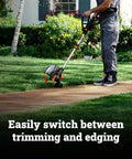 Man using Cordless String Trimmer and Lawn Edger for 12 Inch Cutting Path, 20V Weed Eater With Instant Line Feed on sidewalk