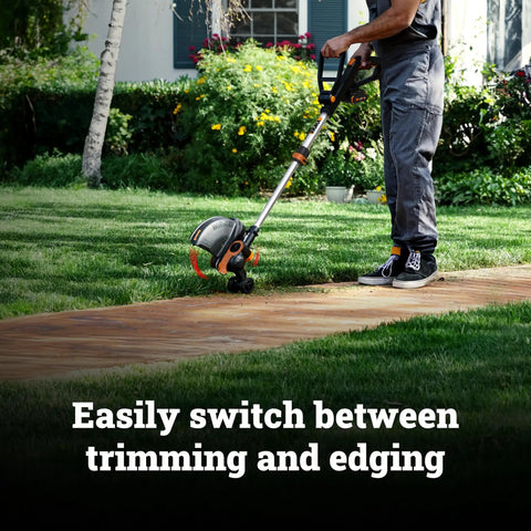 Man using Cordless String Trimmer and Lawn Edger for 12 Inch Cutting Path, 20V Weed Eater With Instant Line Feed on sidewalk