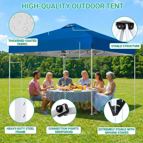 Blue 10x10Ft Pop Up Canopy Tent With Easy Setup Portable Outdoor Gazebo Shelter Sun Shade With Wheeled Carry Bag Sandbags Great For Events Parties BBQs Backyard And Adjustable Height over a group dining outdoors.