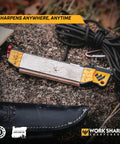 Roam Ready Guided Field Sharpener With Diamond Guides And Adjustable Wrench on stone surface for versatile blade care.