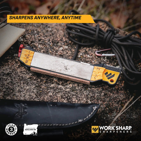 Roam Ready Guided Field Sharpener With Diamond Guides And Adjustable Wrench on stone surface for versatile blade care.