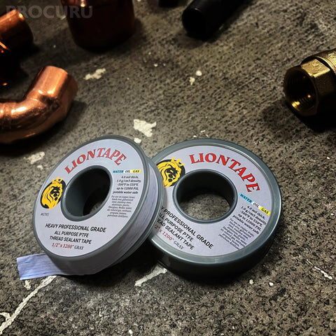 Liontape G701 Heavy Duty PTFE Teflon Pipe Thread Sealant Tape Half Inch By Twelve Hundred Inches 4 Mil Thick 100 Ft Leak Proof Water Oil Gas Up To 12000 PSI Grey rolls on gray surface