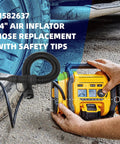 14 Inch Air Inflator Hose Replacement With Safety Tips for DCC020IB and N769086, shown in use with tire and compressor.